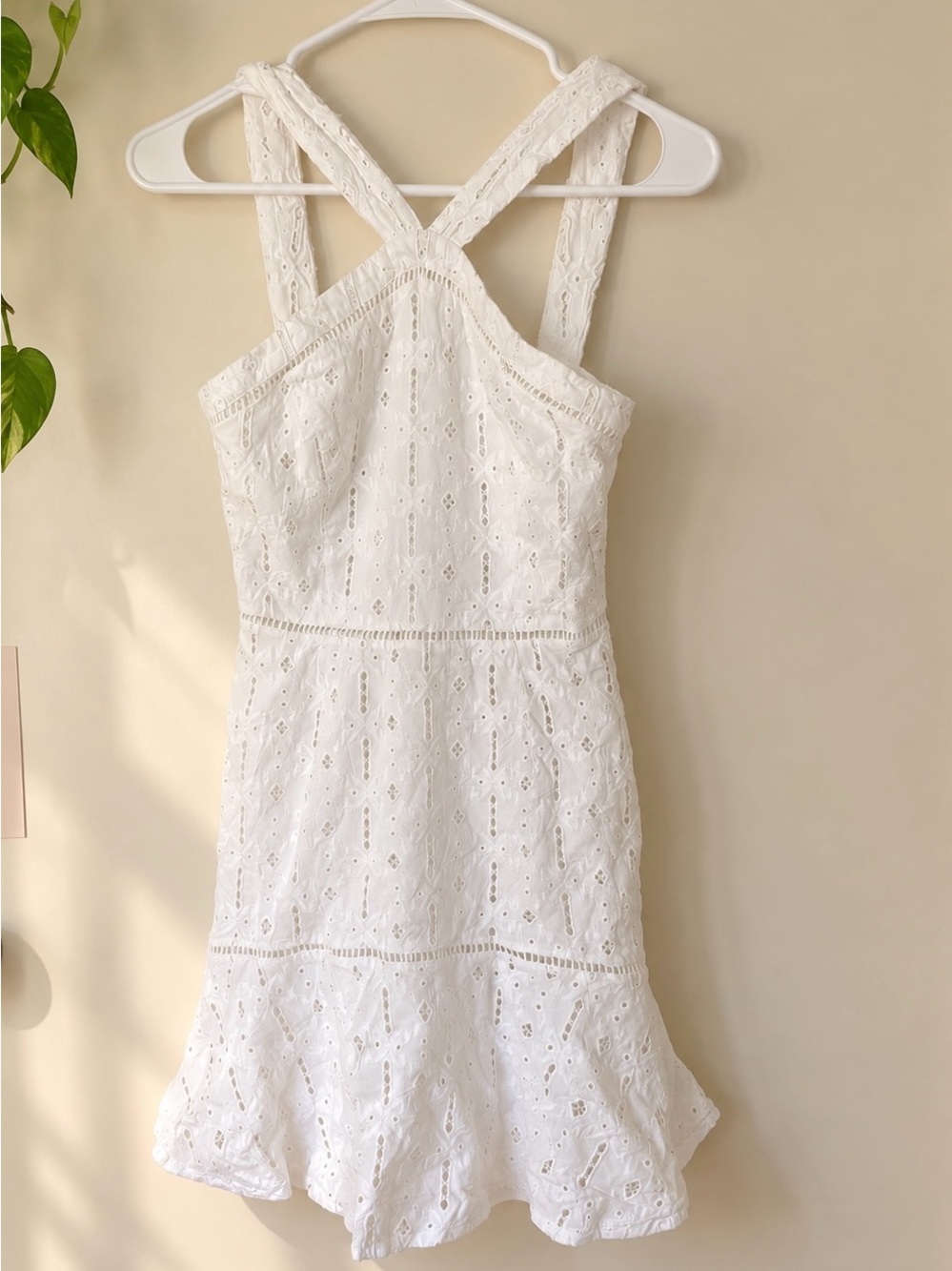 Greylin White Eyelet Cross-Back Mini Dress